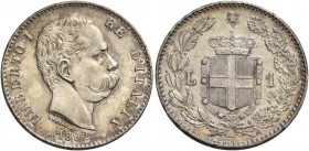Monete di zecche italiane
Savoia 
Umberto I, 1878-1900.  Lira 1892 (cifre 1 e 2 ribattute).  Pagani 605 var.  MIR 1103e var.
Variante apparentement...