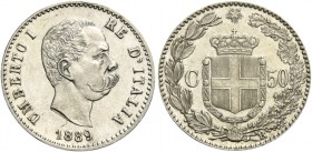 Monete di zecche italiane
Savoia 
Umberto I, 1878-1900.  Da 50 centesimi 1889.  Pagani 608.  MIR 1104a.
q.Fdc
