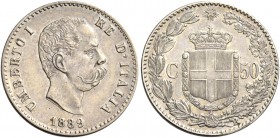 Monete di zecche italiane
Savoia 
Umberto I, 1878-1900.  Da 50 centesimi 1889.  Pagani 608.  MIR 1104a.
Spl