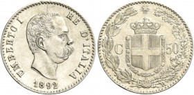 Monete di zecche italiane
Savoia 
Umberto I, 1878-1900.  Da 50 centesimi 1892.  Pagani 609.  MIR 1104b.
Rara. q.Spl / Spl
