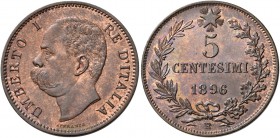 Monete di zecche italiane
Savoia 
Umberto I, 1878-1900.  Da 5 centesimi 1896 Roma.  Pagani 618.  MIR 1107b.
Tracce di rame rosso, q.Fdc