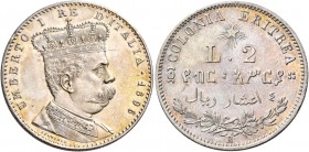 Monete di zecche italiane
Savoia 
Monetazione per la Colonia eritrea.  Da 2 lire 1896.  Pagani 633.  MIR 1111b.
Spl