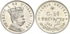 Monete di zecche italiane
Savoia 
Monetazione per la Colonia eritrea.  Da 50 centesimi 1890.  Pagani 637.  MIR 1113a.
Raro. Spl