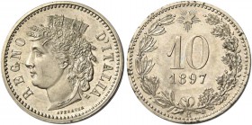 Monete di zecche italiane
Savoia 
Monetazione per la Colonia eritrea.  Prove e progetti.  Da 10 centesimi 1897.  Pagani prove 133.
Di estrema rarit...