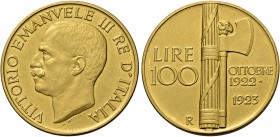 Monete di zecche italiane
Savoia 
Vittorio Emanuele III, 1900-1946.  Da 100 lire 1923.  Pagani 644b.  MIR 1116c.
q.Fdc
Sigillata Emilio Tevere, fo...