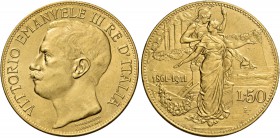 Monete di zecche italiane
Savoia 
Vittorio Emanuele III, 1900-1946.  Da 50 lire 1911. Cinquantenario.  Pagani 656.  MIR 1122a.
Migliore di Spl
Sig...