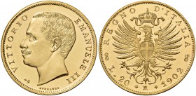 Monete di zecche italiane
Savoia
Vittorio Emanuele III, 1900-1946.  Da 20 lire 1902. Ancoretta.  Pagani 662a.  MIR 1125b.
Estremamente rara. Conser...