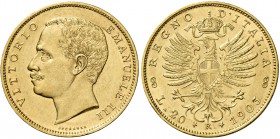 Monete di zecche italiane
Savoia 
Vittorio Emanuele III, 1900-1946.  Da 20 lire 1903.  Pagani 663.  MIR 1125c.
Molto rara. q.Fdc
Sigillata Emilio ...