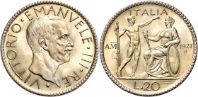 Monete di zecche italiane
Savoia 
Vittorio Emanuele III, 1900-1946.  Da 20 lire 1927/VI.  Pagani 672.  MIR 1128b.
Fdc