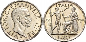 Monete di zecche italiane
Savoia 
Vittorio Emanuele III, 1900-1946.  Da 20 lire 1928/VI.  Pagani 673.  MIR 1128c.
Rara. Fdc