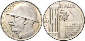 Monete di zecche italiane
Savoia 
Vittorio Emanuele III, 1900-1946.  Da 20 lire 1928/VI. Elmetto.  Pagani 680.  MIR 1129a.
Spl