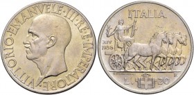 Monete di zecche italiane
Savoia 
Vittorio Emanuele III, 1900-1946.  Da 20 lire 1936/XIV.  Pagani 681.  MIR 1130a.
Rara. q.Fdc