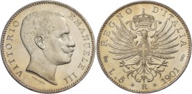Monete di zecche italiane
Savoia
Vittorio Emanuele III, 1900-1946.  Da 5 lire 1901.  Pagani 706.  MIR 1134a.
Rarissima. Conservazione eccezionale, ...