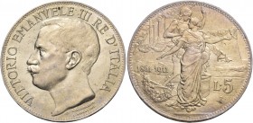 Monete di zecche italiane
Savoia 
Vittorio Emanuele III, 1900-1946.  Da 5 lire 1911. Cinquantenario.  Pagani 707.  MIR 1135a.
Migliore di Spl