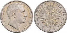 Monete di zecche italiane
Savoia 
Vittorio Emanuele III, 1900-1946.  Da 2 lire 1903.  Pagani 727.  MIR 1139c.
Molto rara. Spl
