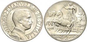 Monete di zecche italiane
Savoia 
Vittorio Emanuele III, 1900-1946.  Da 2 lire 1908.  Pagani 732.  MIR 1140a.
Fdc