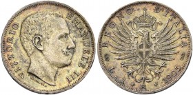 Monete di zecche italiane
Savoia 
Vittorio Emanuele III, 1900-1946.  Lira 1905.  Pagani 765.  MIR 1145c.
Rara. Patina di medagliere, q.Fdc