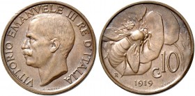 Monete di zecche italiane
Savoia 
Vittorio Emanuele III, 1900-1946.  Da 10 centesimi 1919.  Pagani 864.  MIR 1158a.
Raro. Migliore di BB