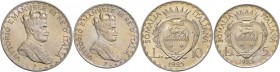 Monete di zecche italiane
Savoia 
Monetazione per la Somalia.  Da 10 e 5 lire 1925.  Pagani 989 e 990.  MIR 1181a e 1182a.
Rare. q.Fdc