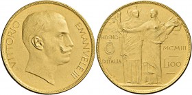 Monete di zecche italiane
Savoia 
Prove e progetti.  Da 100 lire 1903. Bronzo dorato. Stabilimento Johnson Milano.  Pagani prove 139.
Fdc