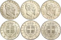 Monete di zecche italiane
Savoia 
Prove e progetti.  Lotto di tre monete.  Vittorio Emanuele II, 1861-1878. Da 5 lire 1872 Milano, 1875 Milano e 187...