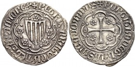 Monete di zecche italiane
Villa di Chiesa 
Pietro IV d’Aragona, 1336-1387.  Reale o grosso alfonsino,  AR 3,01 g.  + PETRUS ARAGONUM ET SARDINIE REX...