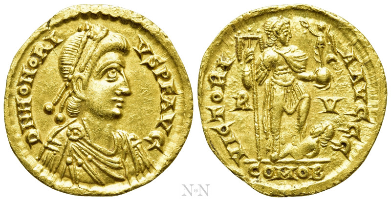 HONORIUS (393-423). GOLD Solidus. Ravenna. 

Obv: D N HONORIVS P F AVG. 
Diad...
