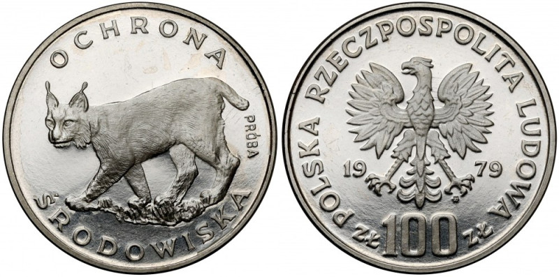 Próba NIKIEL 100 złotych 1979 Ryś na trawie Moneta pokryta warstwą saponu - pola...