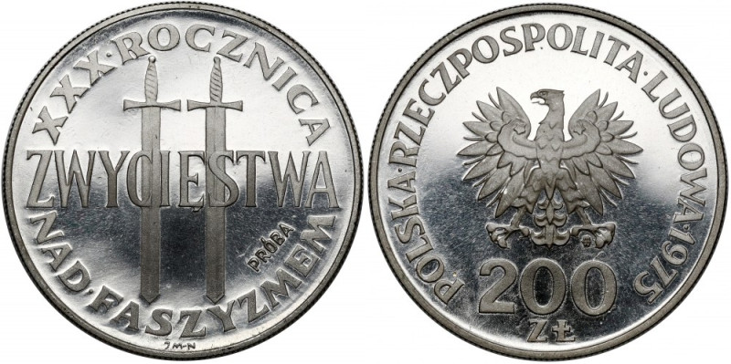Próba SREBRO 200 złotych 1975 Zwycięstwo nad faszyzmem - 2 miecze Moneta w stani...