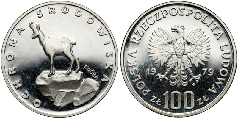 Próba SREBRO 100 złotych 1979 Kozica Moneta w stanie emisyjnym, z powierzchnią z...