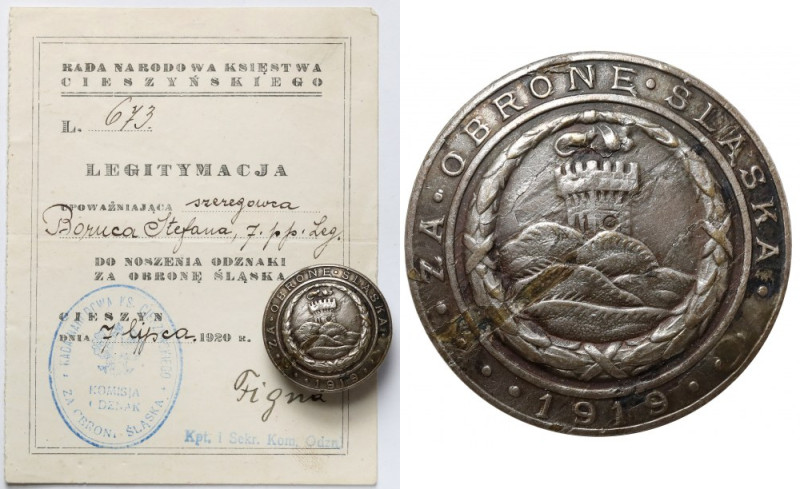 [STEFAN BORUC] Odznaka, Za Obronę Śląska 1919 [673] + Legitymacja Odznaka jednoc...