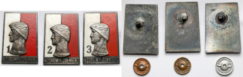 PRL, Odznaka Wzorowy Żołnierz - zestaw (3szt) Wymiary: 41 x 28 mm.