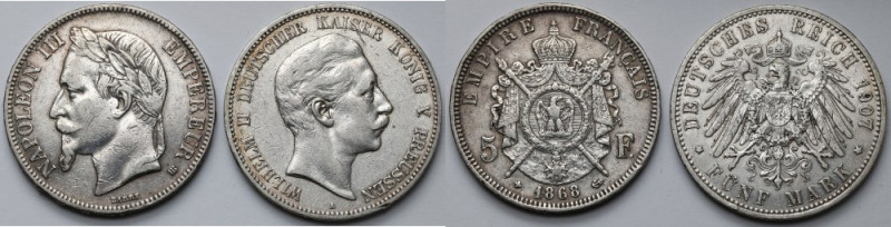 France and Prussia, 5 francs 1868 i 5 mark 1907 - lot (2pcs) 
Grade: VF