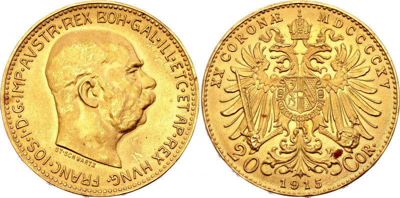 Austria 20 Corona 1915 MDCCCCXV Restrike

KM# 2818, N# 28374; Gold (.900) 6.78...