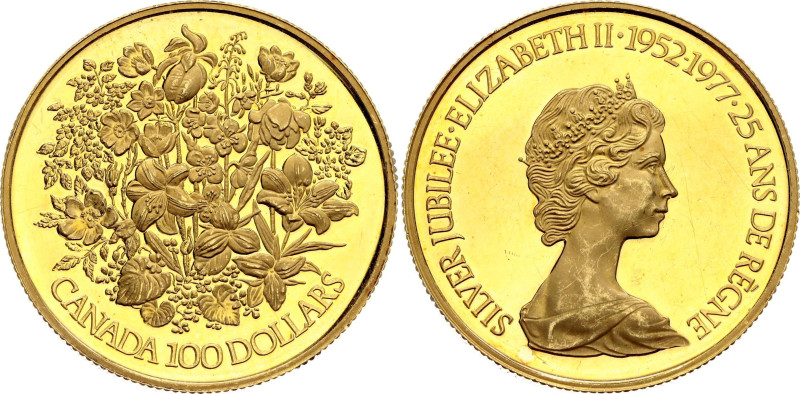 Canada 100 Dollars 1977

KM# 119, N# 14922; Gold (.917) 16.96 g., Proof; Eliza...