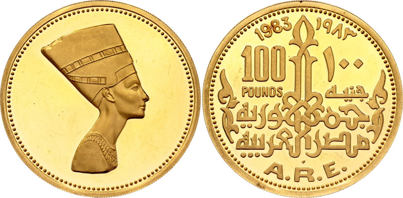 Egypt 100 Pounds 1983

KM# 550, N# 195506; Gold (.900) 17.50 g., Proof; Queen ...