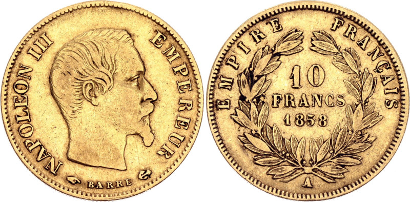 France 10 Francs 1858 A

KM# 781.1, N# 356585; Gold (.900) 3.23 g.; Napoleon I...