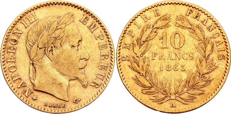 France 10 Francs 1863 A

KM# 800.1, N# 6929; Gold (.900) 3.23 g.; Napoleon III...