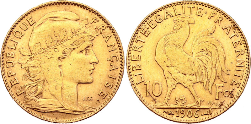 France 10 Francs 1906

KM# 846, N# 6007; Gold (.900) 3.23 g.; Paris Mint; XF
