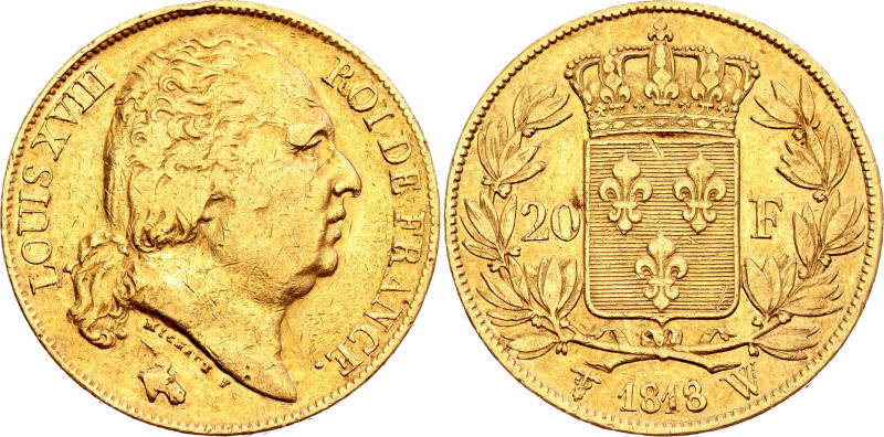 France 20 Francs 1818 W

KM# 712.9, N# 7366; Gold (.900) 6.45 g.; Louis XVIII;...