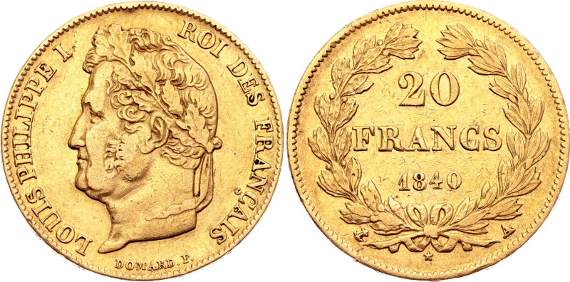 France 20 Francs 1840 A

KM# 750.1, N# 8001; Gold (.900) 6.45 g.; Louis Philip...