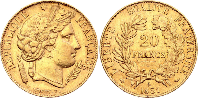 France 20 Francs 1851 A

KM# 762, N# 8003; Gold (.900) 6.45 g.; Paris Mint; XF...