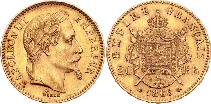 France 20 Francs 1866 BB

KM# 801.2, N# 6718; Gold (.900) 6.45 g.; Napoleon II...