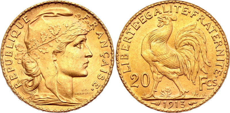 France 20 Francs 1913

KM# 857, N# 2230; Gold (.900) 6.45 g.; Paris Mint; UNC ...