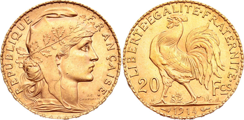France 20 Francs 1914

KM# 857, N# 2230; Gold (.900) 6.45 g.; Paris Mint; UNC ...