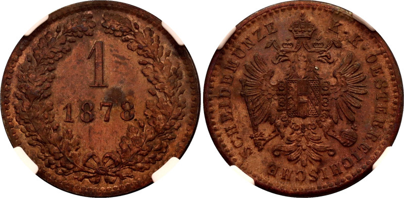 Austria 1 Kreuzer 1878 NGC UNC

KM# 2360, N# 2360; Copper; Franz Joseph I; Vie...