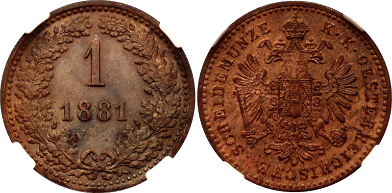 Austria 1 Kreuzer 1881 NGC MS64 BN

KM# 2360, N# 2360; Copper; Franz Joseph I;...