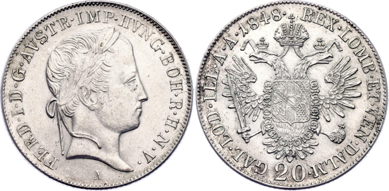 Austria 20 Kreuzer 1848 A

KM# 2208, Adamo# D7, N# 18459; Silver; Ferdinand I;...