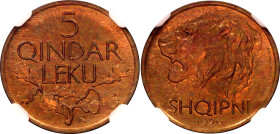 Albania 5 Qindar Leku 1926 R NGC MS65 RB