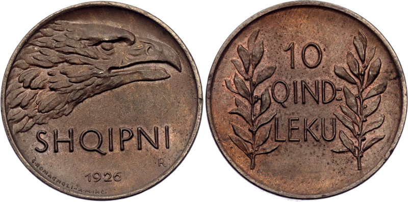 Albania 10 Qindar Leku 1926 R

KM# 2, N# 10471; Bronze; Zog I; Rome Mint; UNC ...